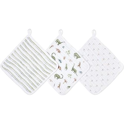 aden + anais Essentials Classic Washcloth Set, Super Soft 100% Cotton Muslin, 3-Pack, Dino Jungle