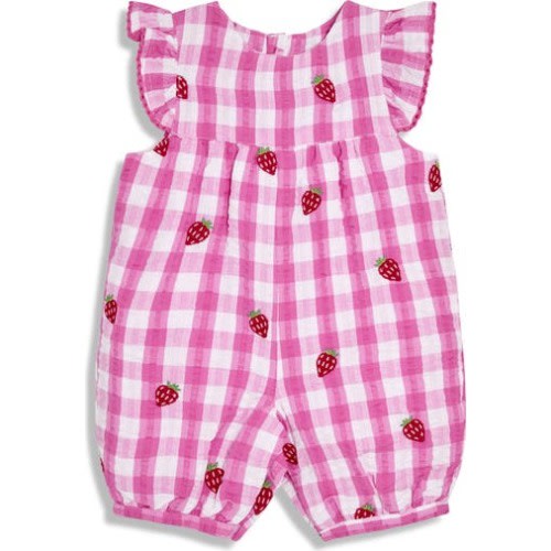 Strawberry Embroidered Gingham Cotton Seersucker Romper, 0-3M
