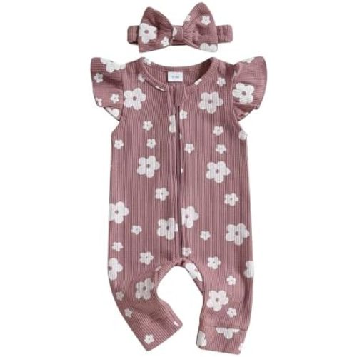 MERSARIPHY Newborn Baby Girl Summer Clothes Zip Up Ruffle Waffle Knit One Piece Romper Jumpsuit Coming Home Hospital Outfit