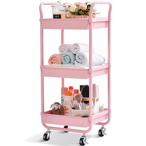 TOOLF 3-Tier Storage Rolling Cart, Kitchen Utility Cart with Wheels, Plastic Organizer Cart, Rolling Trolley Shelving Unit, Small Rolling Cart for Bathroom Snack Bedside Dorm Baby Nursery Diaper Pink