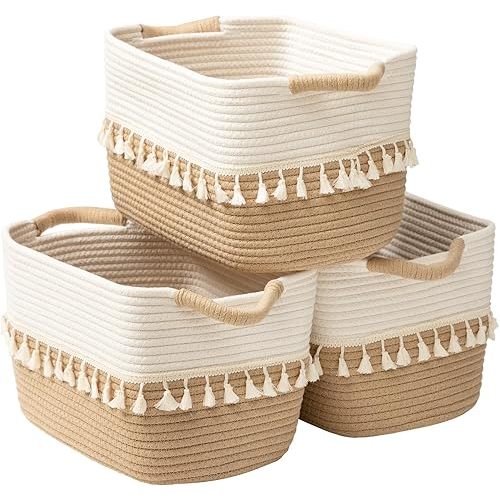 TeoKJ Woven Storage Bin Set of 3, Cotton Rope Basket for Organizing, Boho Storage Basket Bin for Books, Plants, Pet Treats, White & Jute