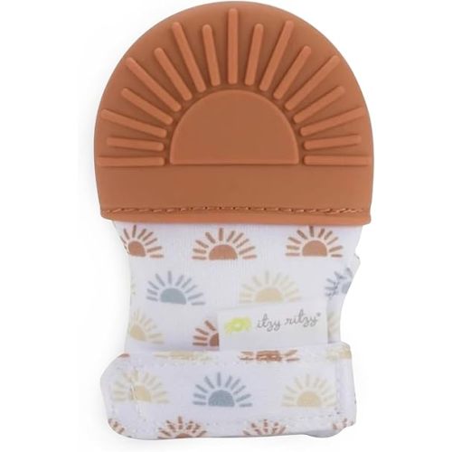 Itzy Ritzy Silicone Teething Mitt - Soothing Infant Teething Mitten with Adjustable Strap, Crinkle Sound & Textured Silicone to Soothe Sore & Swollen Gums - for Ages 3 Months & Up (Terracotta Sun)