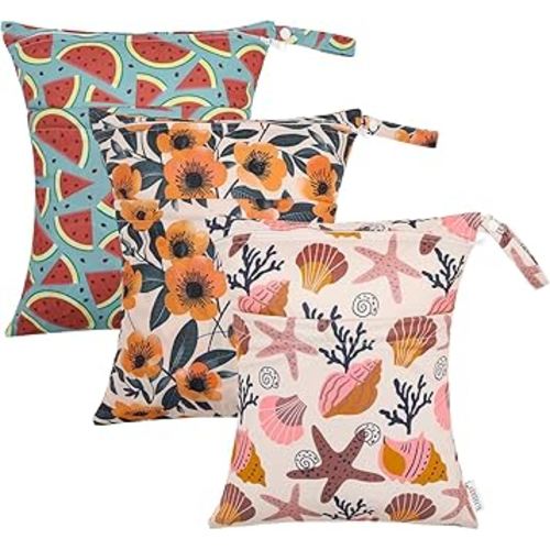 ALVABABY 3pcs Cloth Diaper Wet Dry Bags Waterproof Reusable with Two Zippered Pockets Travel Beach Pool Daycare Soiled Baby Items Yoga Gym Bag for Swimsuits or Wet Clothes 3L-ZM17A