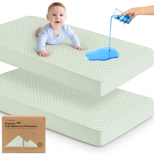 Waterproof Crib Mattress Protector Cover Fitted - 2-Pack Quiet Baby Crib Mattress Pad Sheets, 52" x 28" Soft Quilted Cotton Baby Sheet, Machine Washable, Easy Fit, Durable (Aloe/Quin)