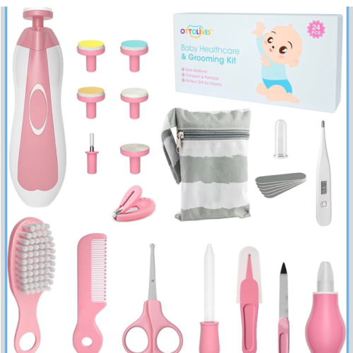 OTTOLIVES Baby Healthcare and Grooming Kit, 24 in 1 Baby Electric Nail Trimmer Set Newborn Nursery Health Care Set for Newborn Infant Toddlers Baby Boys Girls Kids Haircut Tools (0-3 Years+) (Pink)
