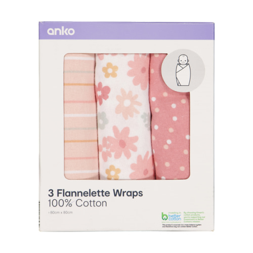 3 Pack Flannelette Wraps, Floral - Anko