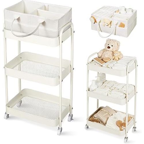 Fortella Baby Diaper Caddy, 3 Tier Rolling Storage Cart for Baby Essentials, Diaper Cart with Detachable Dividers, Storage Organizer & Baby Bottle Organizer for Bedroom, Living Room (Beige)