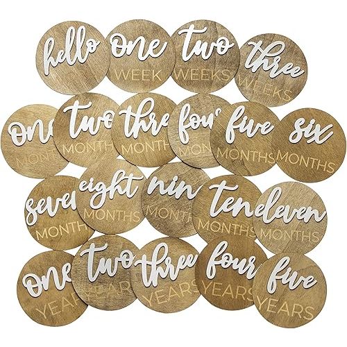 Wooden 3D Monthly Milestone Discs for Baby Photos (20 pcs Set), First Year Monthly Milestone Marker, Includes 1-5 Years, Walnut Stained
