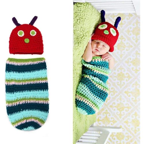 Crocheted Cute Caterpillar Outfit Beanie Hat Clothes Newborn Photography Props Handmade Knitted for Unisex Infant Boy Girl