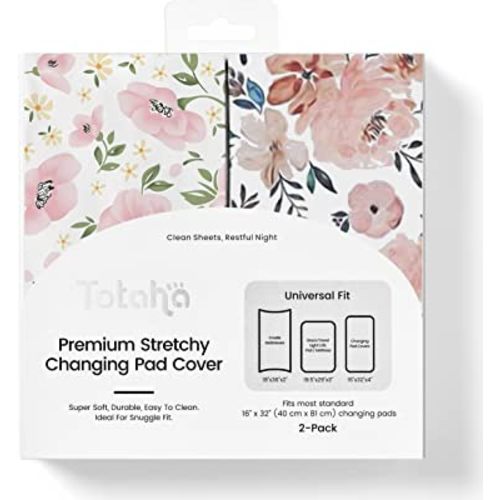 TotAha Premium Stretchy Changing Pad Covers (2-Pack) Hypoallergenic, Silky Comfort, Buttery Soft, Calming Effect, All-Season Jersey-Knit 5'' Deep Pocket(Meredith Allover Floral & Pale Pink Flowers)