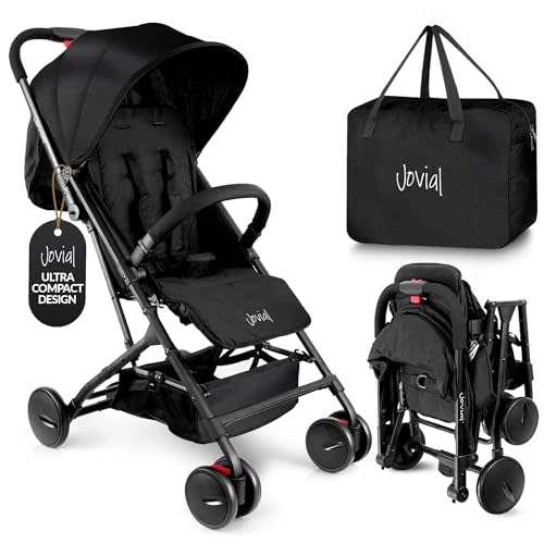 Jovial Lightweight Travel Baby Stroller, Folding Stroller with Reclining Seat, Easy One Hand Fold, Sun Canopy, Storage Basket, Safety Harness, Safe for Infants & Young Children, Storage Bag Included