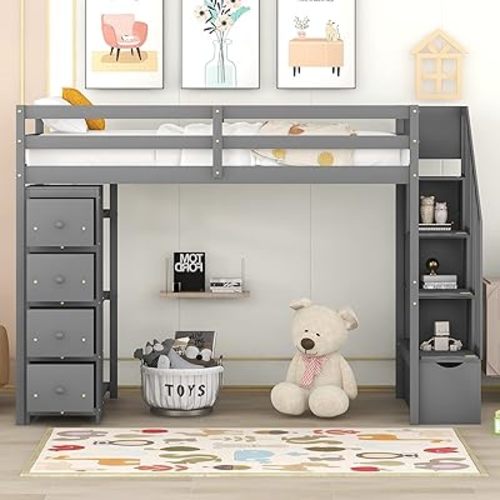CITYLIGHT Twin Loft Bed with Storage Drawers and Stairs, Wooden Twin Size Loft Bed Frame with Storage Shelves, High Loft Bed Twin Size for Kids, Teens, Boys & Girls (Twin, Gray)