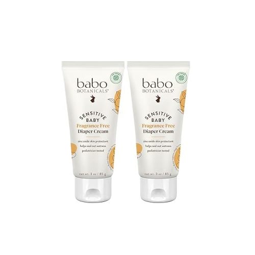 BABO Botanicals Sensitive Baby Fragrance-Free Diaper Cream - 25% Natural Zinc Oxide - Calendula, Shea & Cocoa Butter - EWG Verified - Vegan- from Birth - Pack of 2