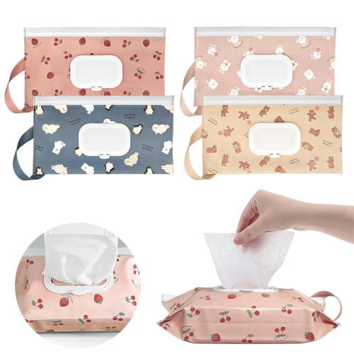 4Pcs Baby Wipes Dispenser,Portable Refillable Wipe Holder with Hanging Loop, Wet Wipes Container,Reusable Travel Baby Wipes Pouch for Indoor & Outdoor Using