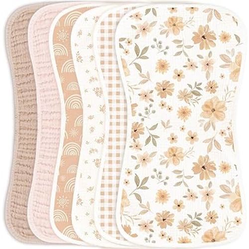 Konssy Muslin Baby Burp Cloths Sets for Unisex- 6 Pack Large 100% Cotton Adorable Printed Burping Clothes for Newborn, Baby Girls and Boys