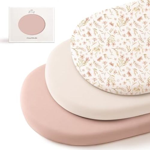 Konssy 3 Pack Stretchy Bassinet Sheets for Baby Girl Boy, Soft Breathable Baby Bassinet Mattress Sheets Fit for Hourglass Oval Cradle, Moses Basket Rectangle Mattress (Pink Spring)
