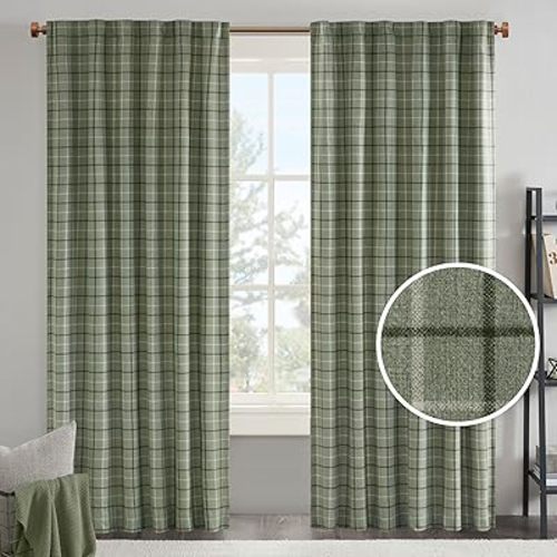 Madison Park Anaheim Cabin Plaid Curtain Window, Thermal Insulated Fleece Lining, Living Room Decor Light Blocking Drape for Bedroom, 1-Single Panel Pack, 50" x 84" Rod Pocket, Green