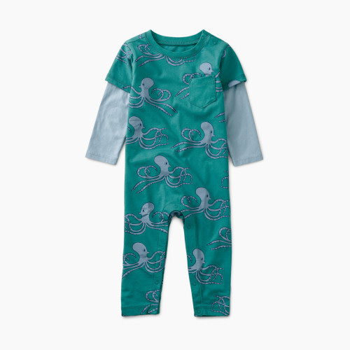 Tea Collection Layered Sleeve Baby Romper - Octopus On The Go In Green, 0-3 M