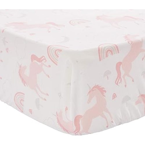 Levtex Baby - Colette Unicorn Crib Fitted Sheet - Fits Standard Crib and Toddler Mattress - Tossed Unicorns, Rainbows, Mushrooms - Pink and Grey - Nursery Accessories - 100% Cotton