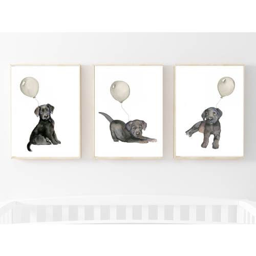 black lab baby nursery, gray nursery, black labrador retriever print, watercolor prints for baby room, neutral nursery decor, warm gray