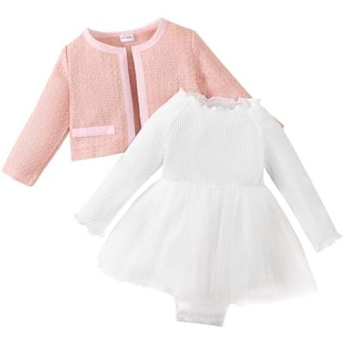 Newborn Baby Girl Clothes 2Pcs Long Sleeve Top Plaid Tweed Cardigan and Romper Dress Set Infant Girls Spring Fall Outfit
