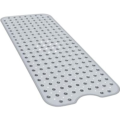 YINENN Bath and Shower Safety Mats 40x16 inch, Non Slip with Suction Cups for Bathroom Stall and Tub Floor, Extra Large and Machine Washable, Drain Holes Keep Bathtub Clean, Clear Gray