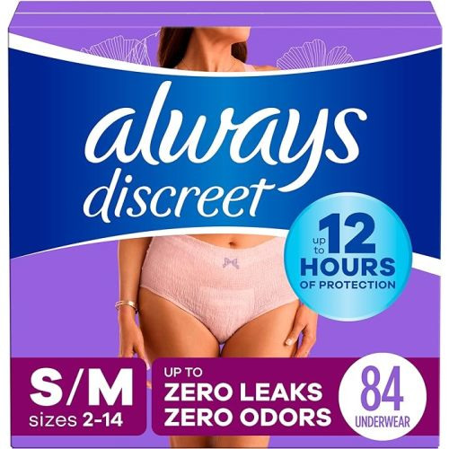 Always Discreet Adult Incontinence Underwear for Women and Postpartum Underwear, S/M, Up to 100%* Bladder Leak Protection, 84 CT, - Small/Medium