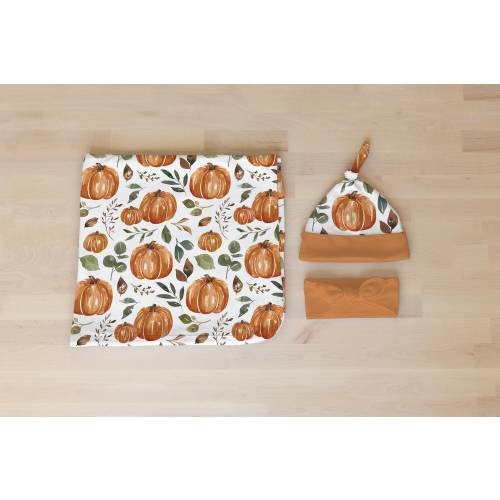 Pumpkin Baby Boy / Girl Newborn Swaddle Set, Fall Colors - White, Orange, or Green Knot Hat, Autumn Headband Bow, Gender Neutral Shower Gift