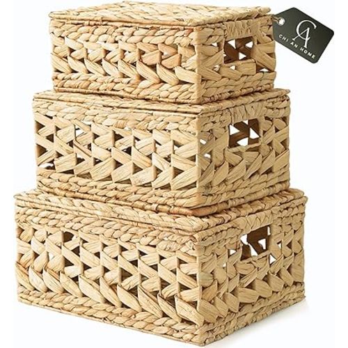 14in Wicker Storage Baskets with Lids, Set of 3 Natural Water Hyacinth Decorative Boxes for Shelf, Woven Lidded Baskets for Organizing, Rattan Storage Box, Nesting Baskets with Lids