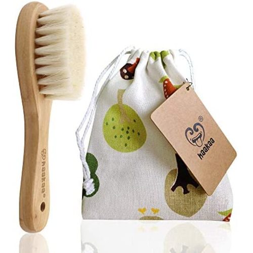 haakaa Wooden Baby Hair Brush for Newborns and Toddlers Baby Brush Natural Soft Goat Bristles Hairbrush, Ideal for Cradle Cap, Perfect Baby Registry Gift with Carry Pouch, 1PC