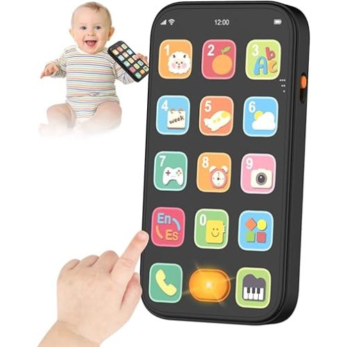 KALUYA Bilingual Toy Phone Baby Phone with Sounds and Light, English/Spanish, Fun Early Learning Kids Smart Phone Baby Toys for 6-12 Months, Gift for 1 Year Old Boys Girls Toddler Infant, Black