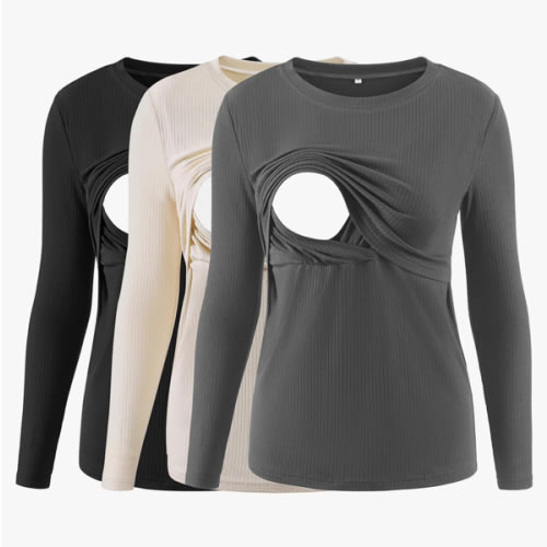 Liu & Qu Women's Nursing Tops Ribbed Long Sleeves Maternity Shirts Double Layer Breastfeeding Shirts Pregnancy Clothes 3 Pack