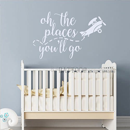 BATTOO Oh The places you'll go Airplane Wall Decals Playroom Wall Decal Kids Wall Art Nursery Wall Decal Airplane Wall Art Sticker, 16" W by 10.5" H white