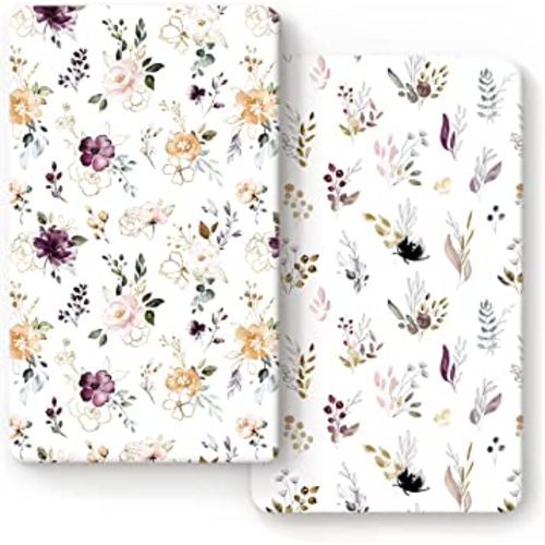 GRSSDER Stretchy Ultra Soft Jersey Knit Fitted Crib Sheets Set 2 Pack,Fits All Standard Crib Mattress Pads Safe and Snug, Pretty Purple Flora Botanical for Baby Girls
