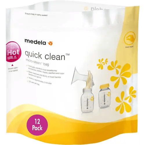 Medela Quick Clean MicroSteam Bags, Sterilizing Bags for Bottles Breast Pump Parts Eliminates 99.9 of Common Bacteria Germs Disinfects Most Breastpump Accessories, Yellow, 12 Pack