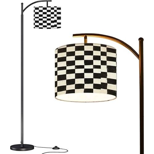 Arc Floor Lamp Black white checkered pattern black white squares graphic consist Tall Standing Lamp Modern Dimmable with Remote Adjustable Drum Shade Footswitch for Living Room Bedroom Office