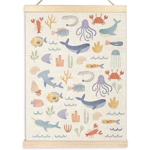 Ecezatik Ocean Nursery Decor, Danish Pastel Ocean Animals Poster Hanger Frame, Coastal Ocean Sea Wall Art Decor for Nursery Classroom Kids Room Playroom, Under the Sea Nursery Decor, 12x16 Inches