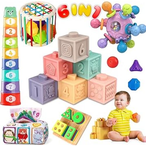 Baby Toys 6 to 12 Months, 6 in 1 Montessori Toys for Babies 6-12 Months, Infant Teething Toys, Sensory Shape Sorter Bin, Soft Stacking Blocks & Cups, Wooden Sorting Toys for Toddler