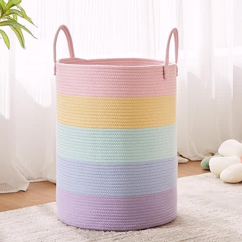 62L Rainbow Baby Girls Kids Laundry Basket Hamper for Nursery Clothes Blanket Toy Storage Pastel Unicorn Tall Woven Hamper in Playroom Bedroom Large