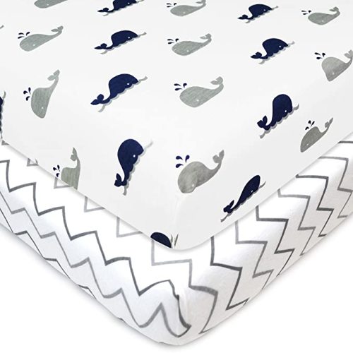 American Baby Company 2 Pack Fitted Pack N Play Playard Sheet 27" x 39", Soft Breathable Neutral 100% Cotton Jersey Pack and Play Sheet, Navy Whale/Grey Zigzag, for Boys and Girls, Fits Most Mini Crib