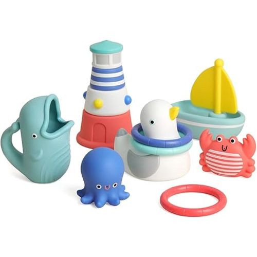 Itzy Ritzy Bathtime Gift Set – 12-Piece Baby Bath Toys for Infants & Toddlers – Stacking Lighthouse, Ring Toss, Scoop, Squirters & Sailboat – Develops Motor Skills & Teaches Cause & Effect (Nautical)