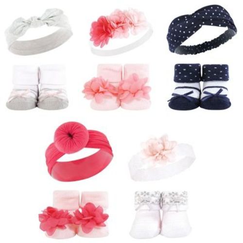 Hudson Baby Infant Girl Headband and Socks Giftset, Pink Navy 10-Piece, One Size