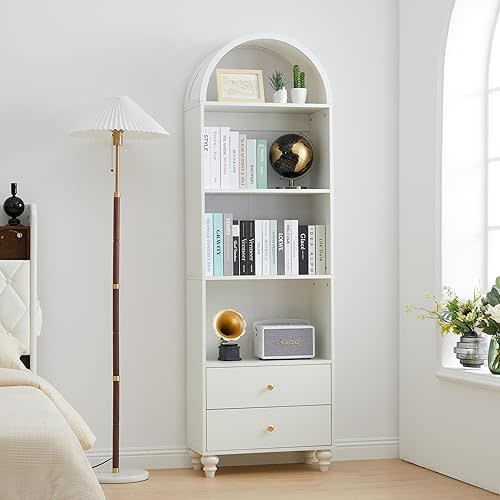 75.59" Tall Bookcase, 4 Tier Arched Bookshelf with 2 Drawers, Modern Book Display Storage Cabinet for Living Room, Bedroom, Reading Room, Home Office (White)