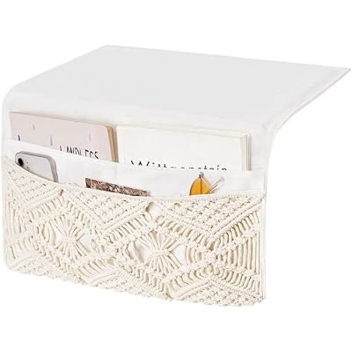 Mkono Macrame Bedside Caddy Storage Organizer Boho Remote Control Tablet Magazine Holder with 4 Pockets Non-slip Countertop Bedside Caddy for Home Bedroom Living Room College Dorm Bed, Ivory, Large