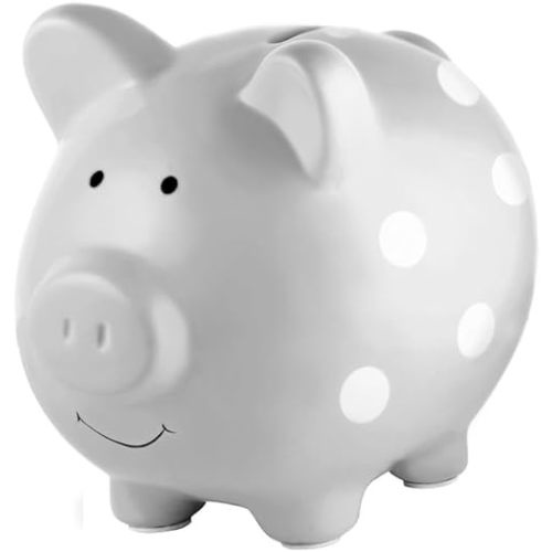 Pearhead Large Ceramic Piggy Bank, Ideal for Boys and Girls, Kids Money and Coin Bank, Perfect Baby Boy Nursery Décor, Great Gift and Newborn Keepsake, Gray with White Polka Dots