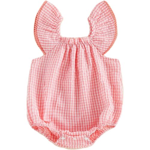 Karuedoo Newborn Infant Baby Girl Clothes Gingham Ruffle Sleeve Bubble Romper Plaid Bodysuit One Piece Summer Outfit