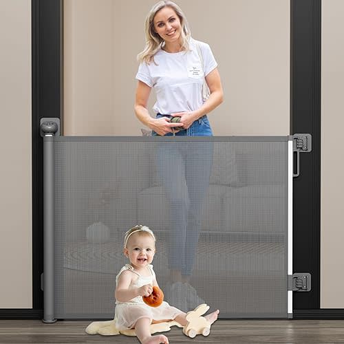 Babepai Baby Gate for Stairs No Drill, Punch Free Retractable Baby Gates Extends to 54" Wide 34" Tall, Reractable Dog Gate for Doorways, Stair Gate for Outdoor, Indoor, Hallways, Deck, Porch