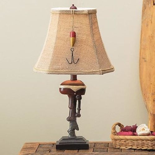 BLACK FOREST DECOR Outboard Accent Table Lamp – Rustic Boat Motor Fishing Lamp with Linen Shade – 11" W x 8.2" D x 20" H