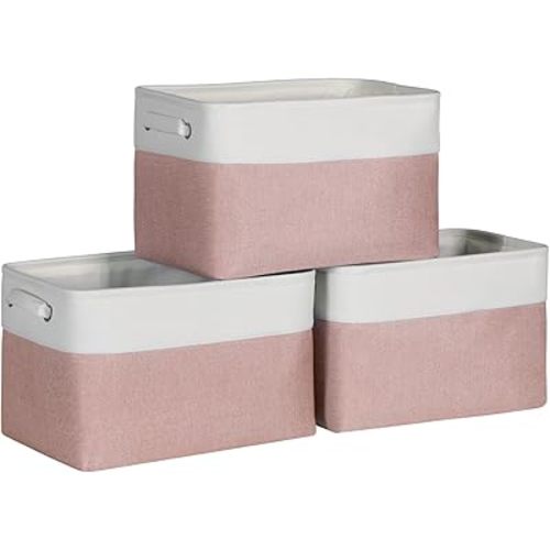 Kntiwiwo Foldable Storage Bins 15" x 10" x 9.5" Fabric Storage Basket Cube with Handles Large Linen Closet Organizer Bins for Organizing Shelf Home, Set of 3, Pink