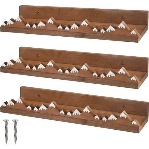 Wenqik 3 Pcs Snow Mountain Floating Shelves Wood Nursery Book Shelves Nursery Floating Shelves Wall Mounted Rustic Wooden Picture Ledge Shelf Floating Book Shelves for Kids Room (Dark Brown)